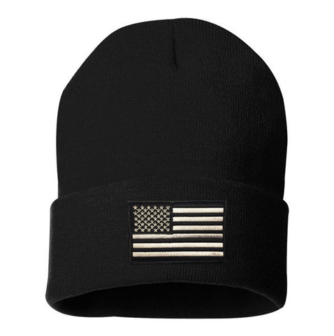 Thin Silver Line Embroidered Beanie - Black