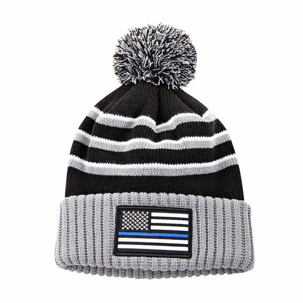 Thin Blue Line Stripe Beanie With Pom