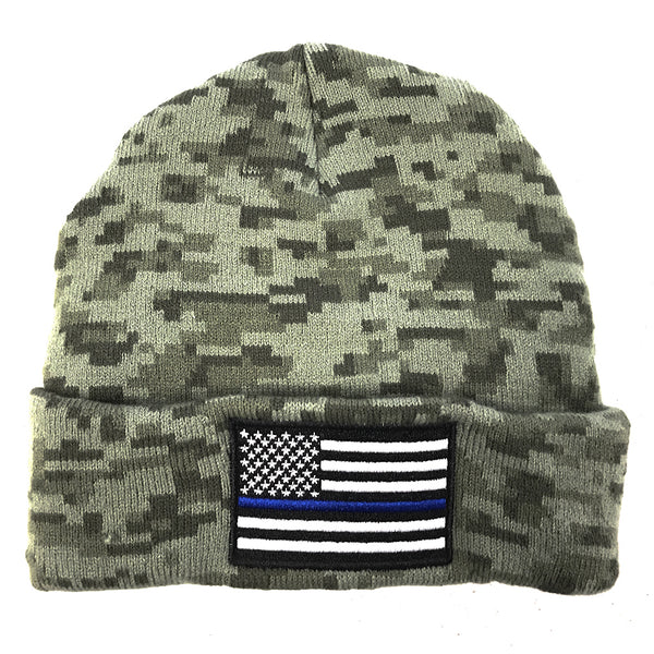 Camouflage Thin Blue Line Flag Embroidered Beanie