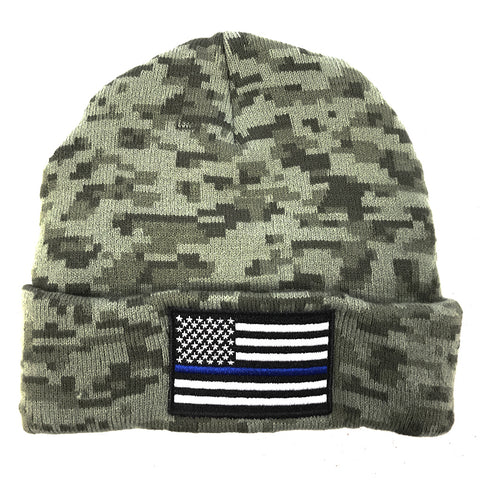 Camouflage Thin Blue Line Flag Embroidered Beanie