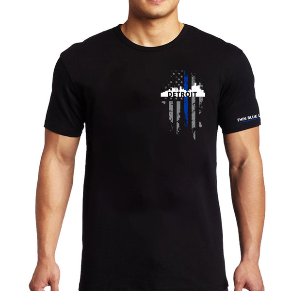 Men's T-Shirt, Thin Blue Line Detroit Skyline, Small Logo