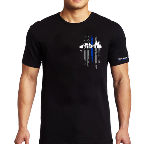 Men's T-Shirt, Thin Blue Line Detroit Skyline, Small Logo