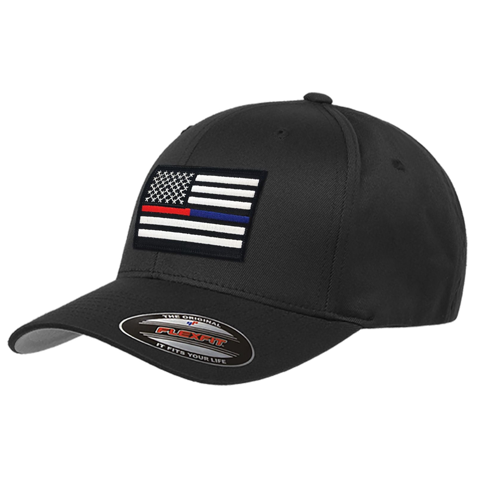 Hat, Line Thin Black USA Dual American Flag FlexFit - Blue