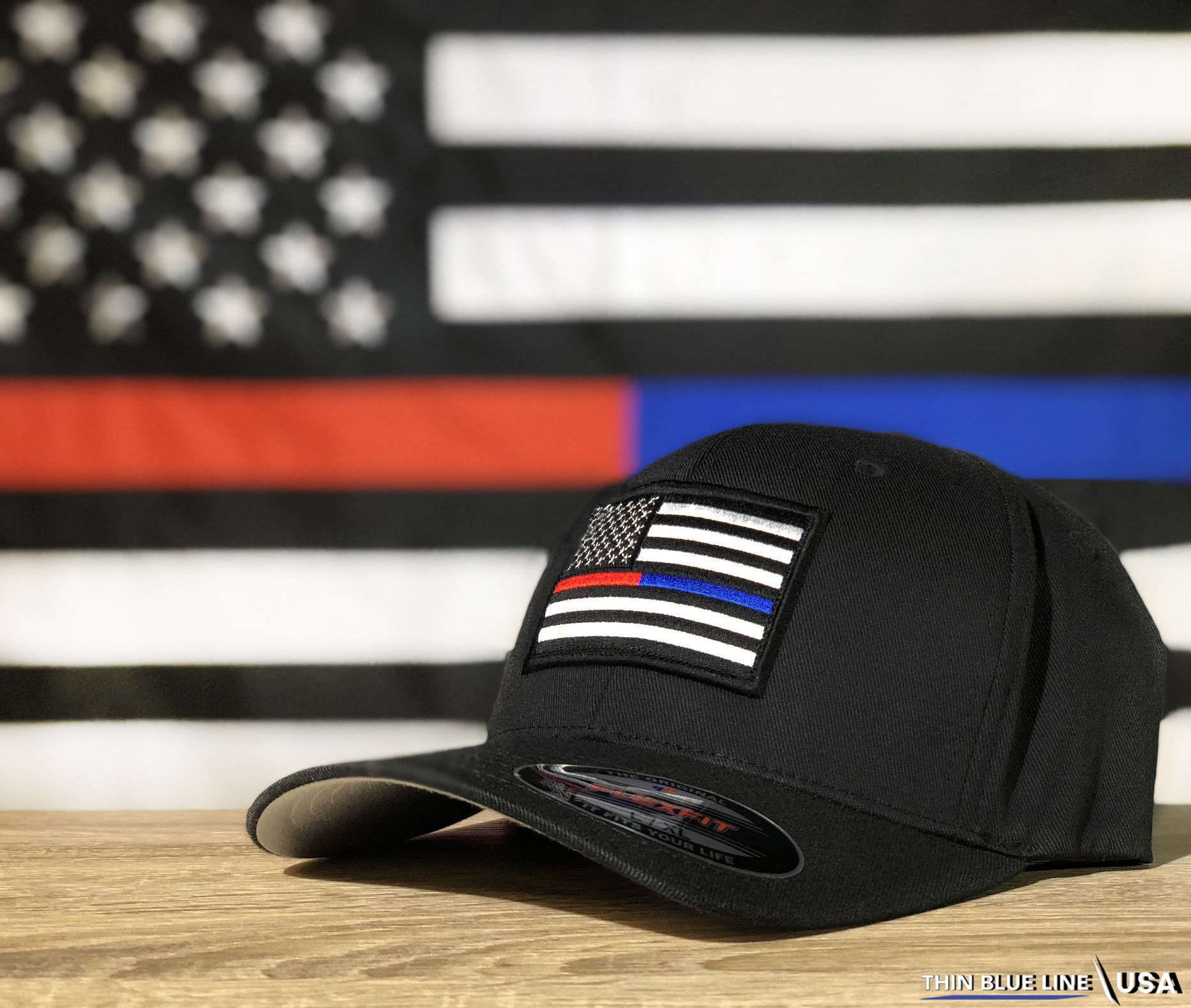FlexFit Dual American Flag Hat, Black - Thin Blue Line USA