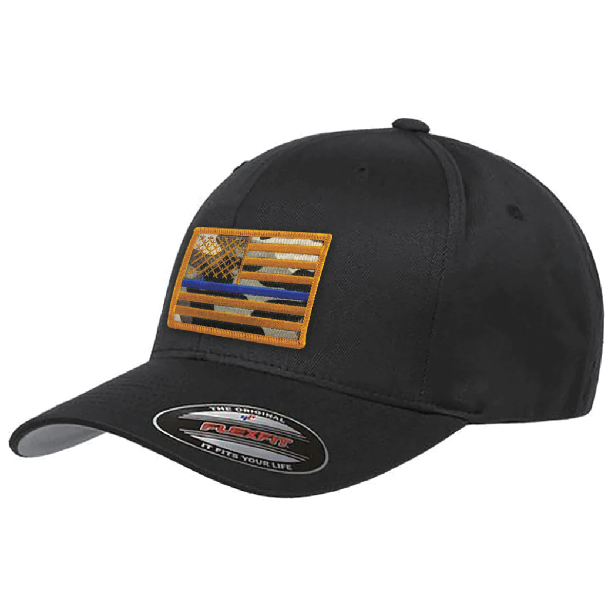 Camo American Flag Black FlexFit hat - Thin Blue Line USA