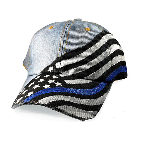 Women's Thin Blue Line Painted Hat, Distressed Style, Adjustable