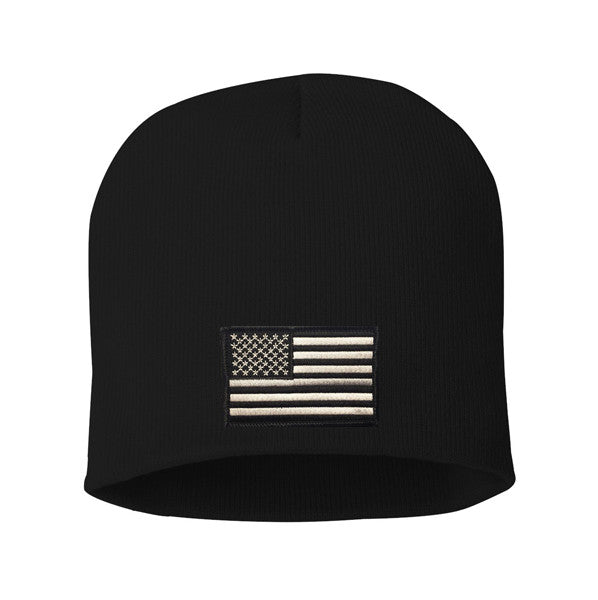 Thin Silver Line Flag Embroidered Knit Cap, Black