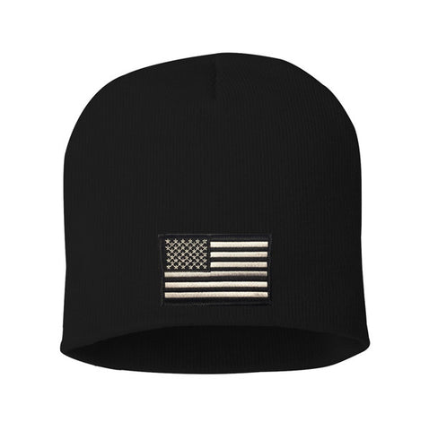 Thin Silver Line Flag Embroidered Knit Cap, Black