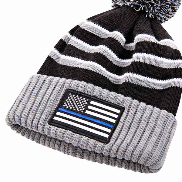 Thin Blue Line Stripe Beanie With Pom