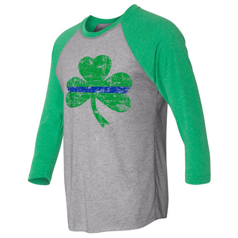 Thin Blue Line St. Patrick's Shamrock Raglan 3/4 Sleeve T-Shirt, Unisex