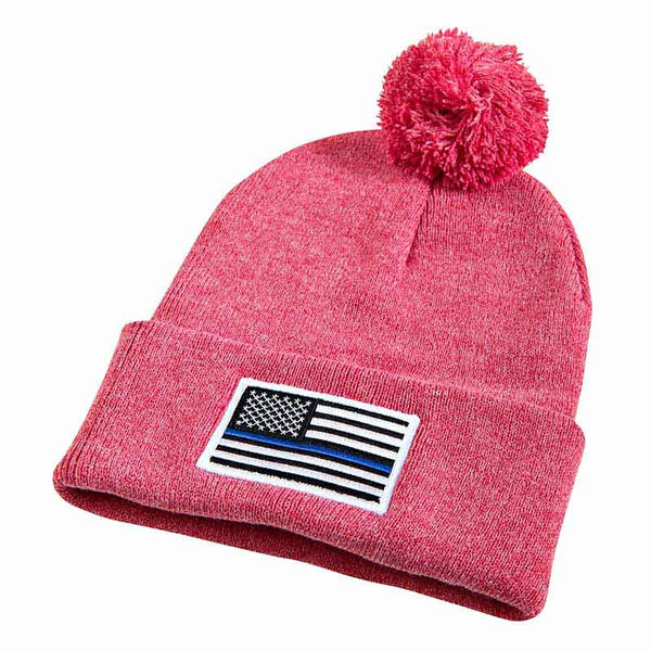 Thin Blue Line Red/Pink Beanie Pom-Pom