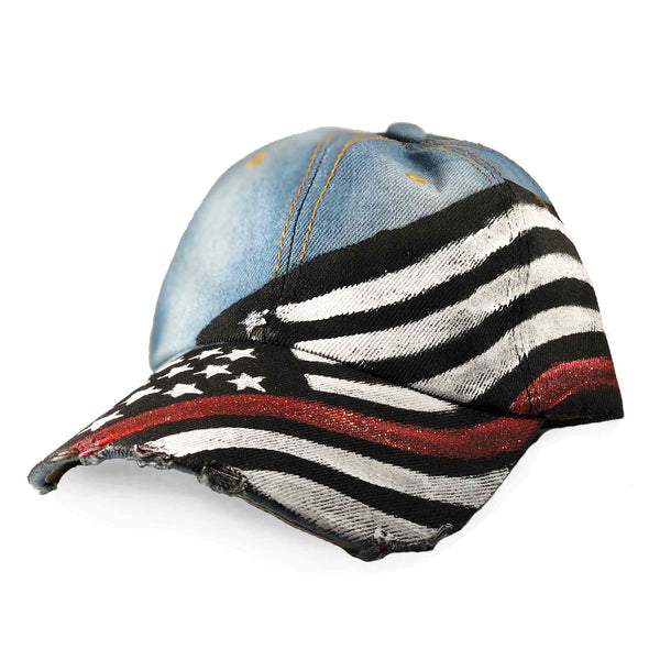 Women's Thin Red Line Painted Hat, Distressed, Adjustable
