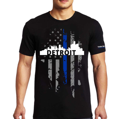 Men's T-Shirt, Thin Blue Line Detroit Skyline