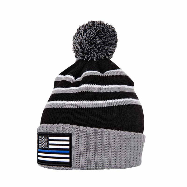 Thin Blue Line Stripe Beanie With Pom