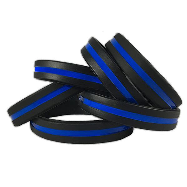 3 Pack of Thin Blue Line Blue Lives Matter Adult 8 Inch Elastic Silicone Rubber  Bracelets (
