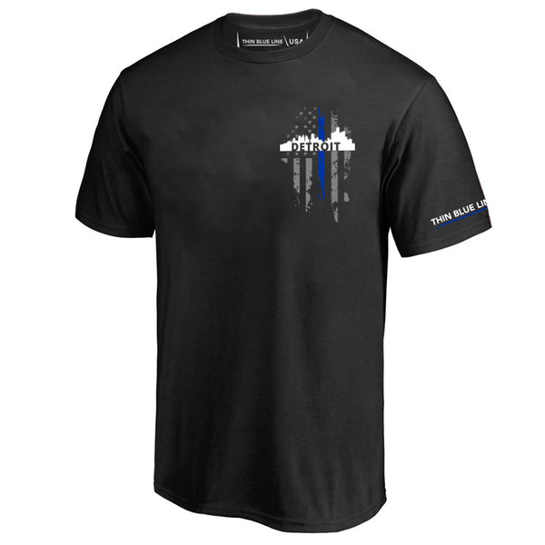 Men's T-Shirt, Thin Blue Line Detroit Skyline, Small Logo