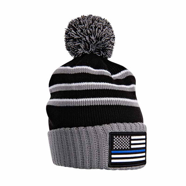 Thin Blue Line Stripe Beanie With Pom