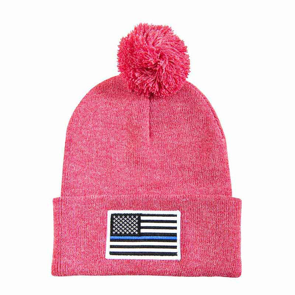 Thin Blue Line Red/Pink Beanie Pom-Pom