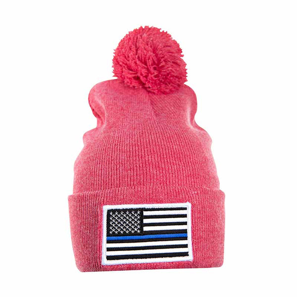 Thin Blue Line Red/Pink Beanie Pom-Pom