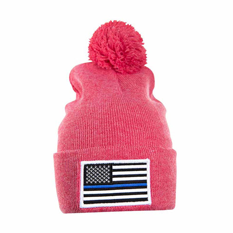 Thin Blue Line Red/Pink Beanie Pom-Pom