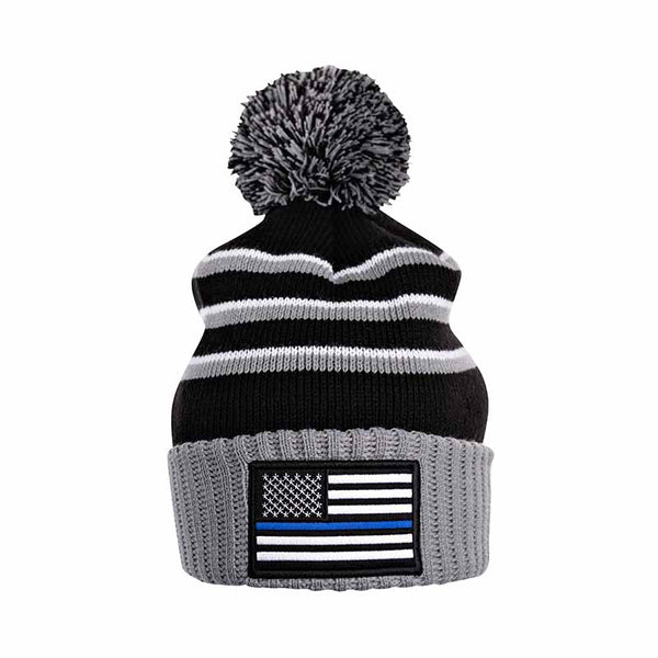 Thin Blue Line Stripe Beanie With Pom