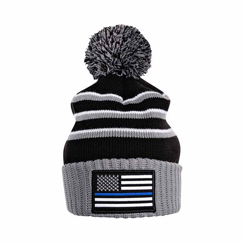 Thin Blue Line Stripe Beanie With Pom