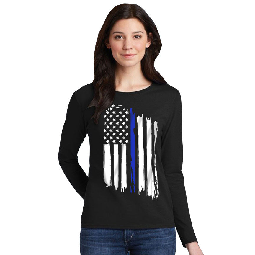 Women's Long Sleeve Thin Blue Line American Flag Thin Blue