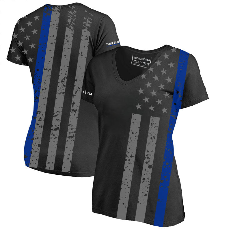 Slim Athletic Women's V-Neck Shirt Distressed Thin Blue Line Flag